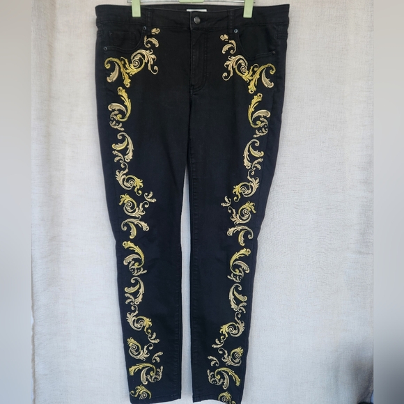 Bisou Bisou Denim - Bisou Bisou Michele Bohbot Black Skinny Jeans Gold Baroque Embroidery 12
